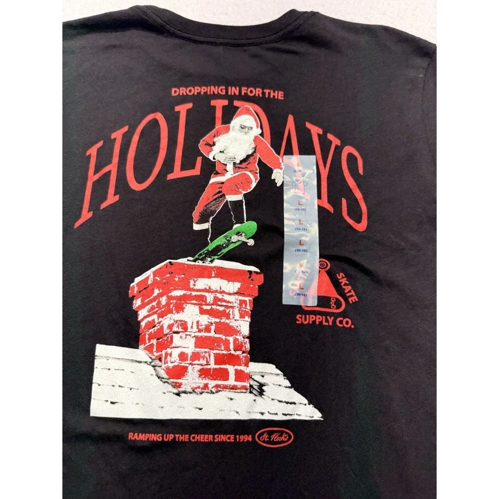 Old Navy Boys L 10-12 Graphic Tee Black Skate Santa Christmas Holidays NWT